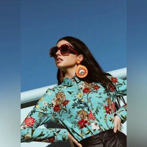 Blackmilk Women Tropical Tiger Long Sleeve Business Time Button-Up Shirt Sz M
